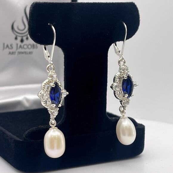 Genuine Pearls & Sapphire Earrings Sterling Silver Drop Dangle Pearl Earrings - Picture 2 of 3